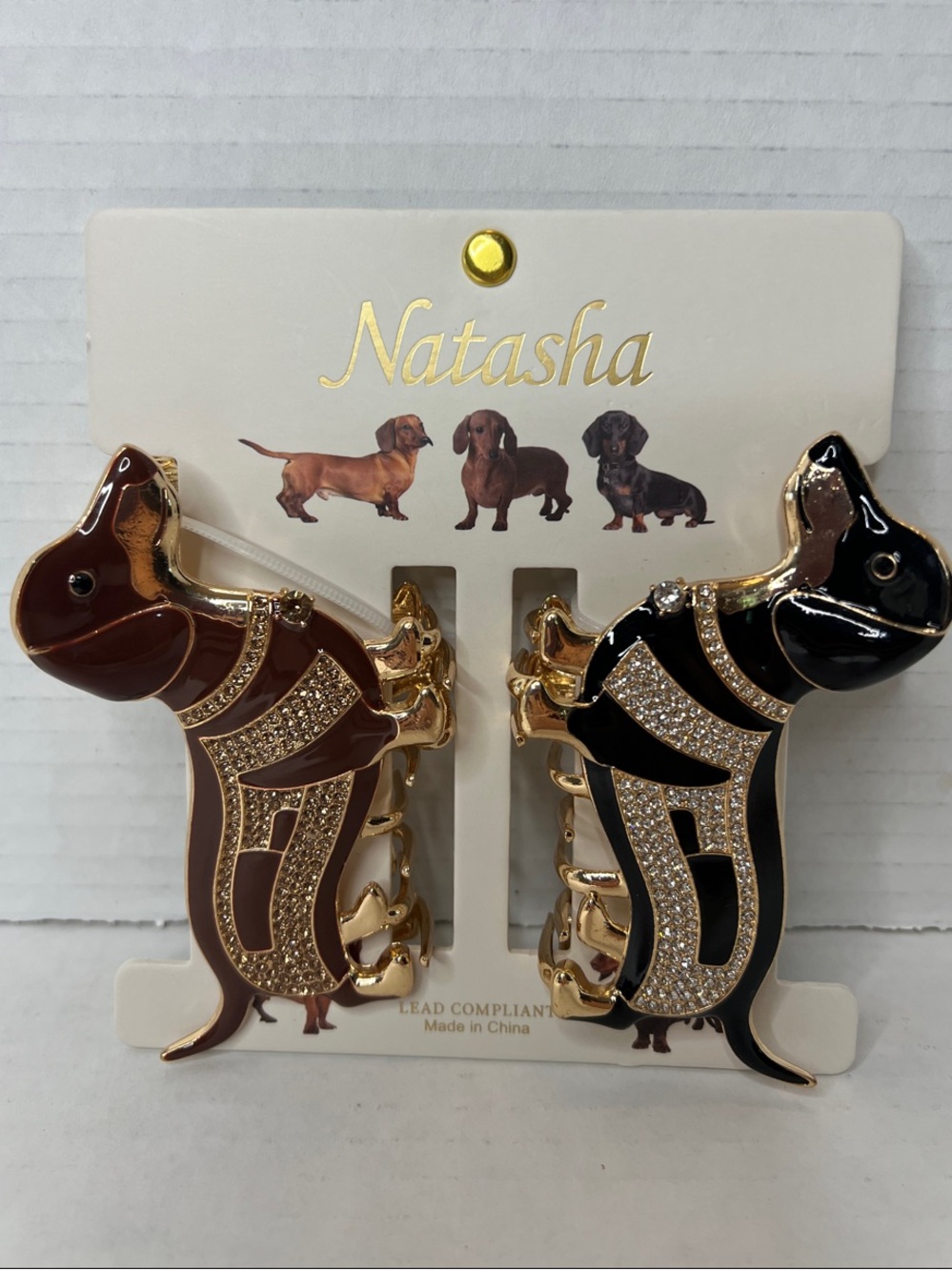 Natasha Dachshund Dog Hair Clips Brown Black Gold Bling New
